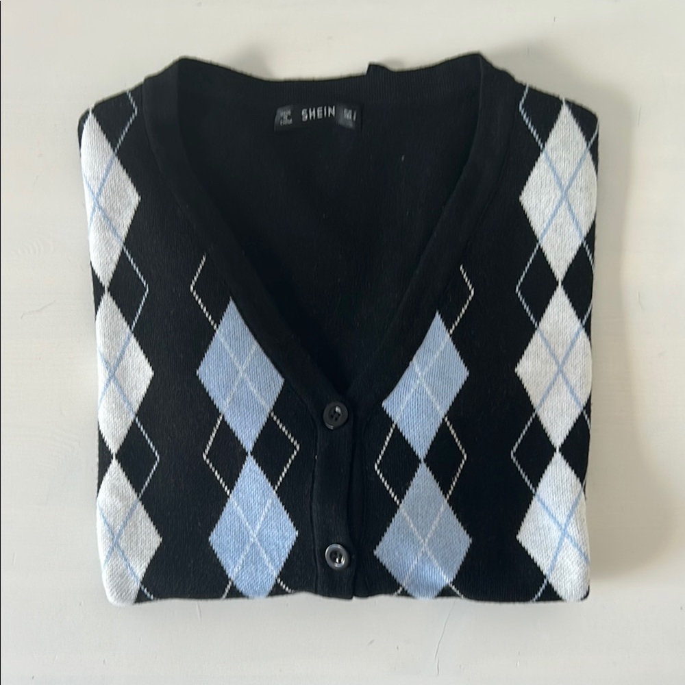 SHEIN Women’s Black and Light Blue Argyle Cardigan
